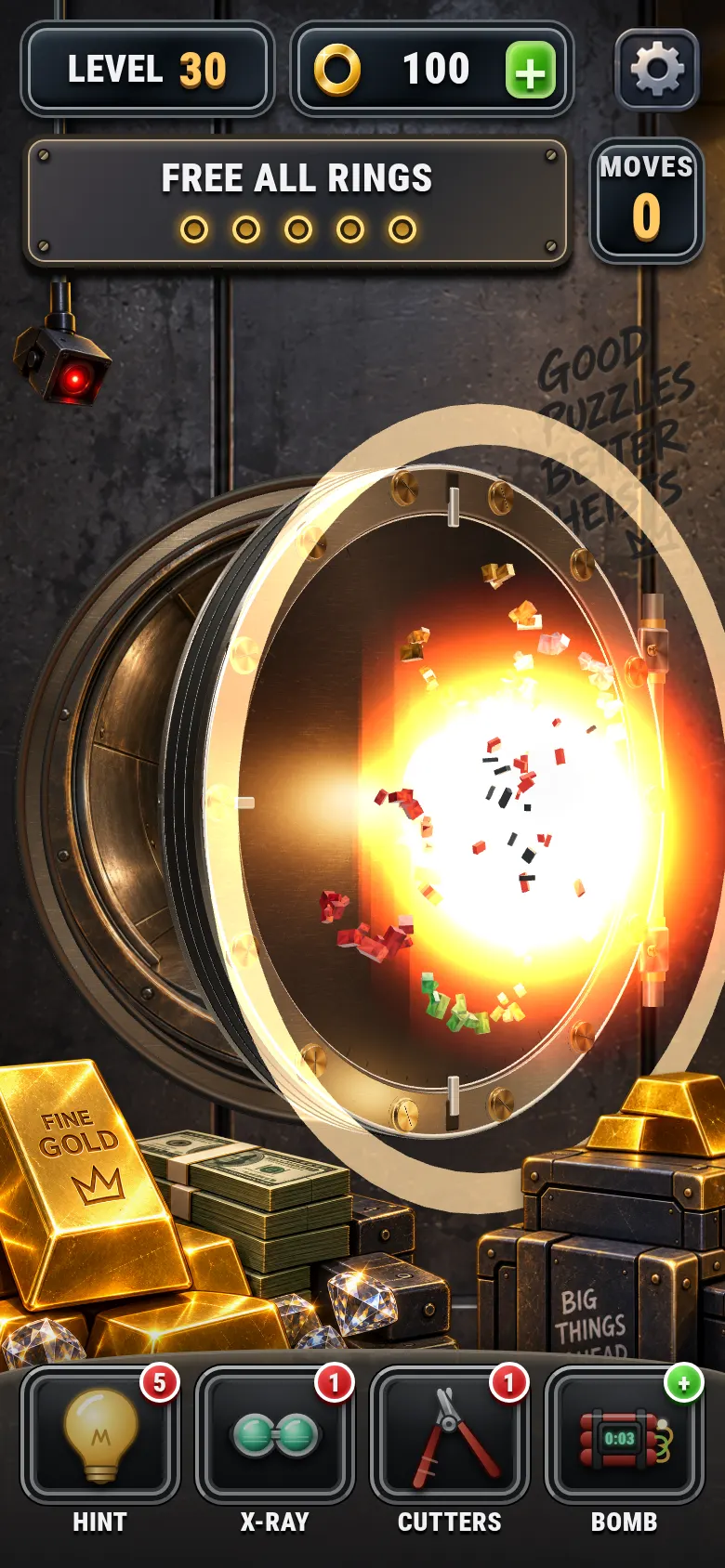The Bomb power-up exploding and blowing the vault door open