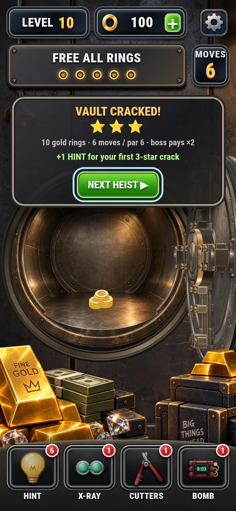 Vault cracked with three stars and ten gold rings on a boss level